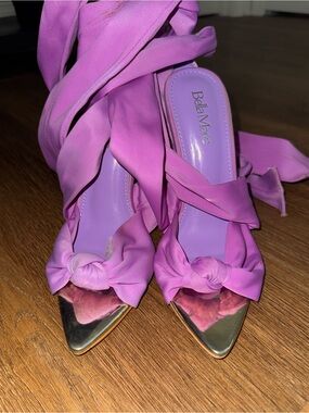 Bella Marie Purple-Pink Knot Front Pointed Toe Heels with Gold Cap